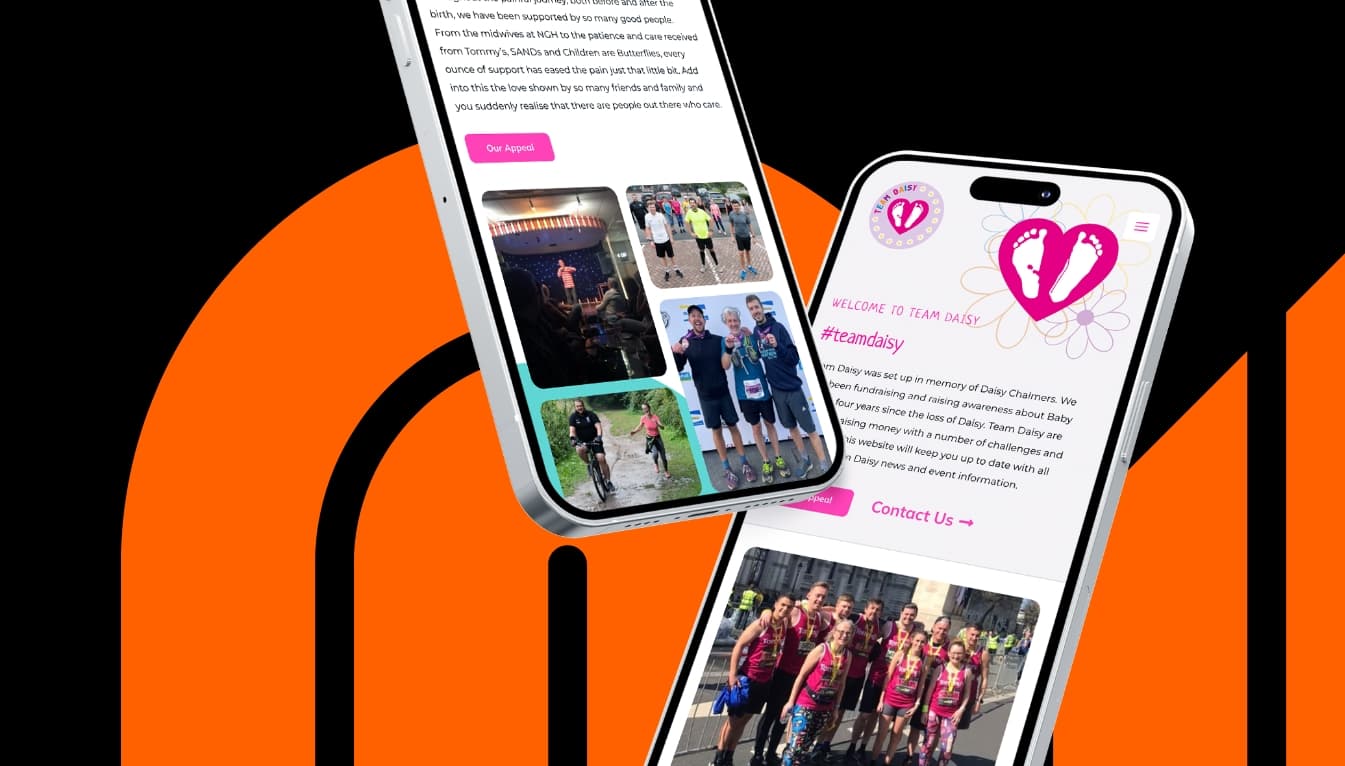 Mobiles with images of Team Daisy website over the top of NNWeb logo